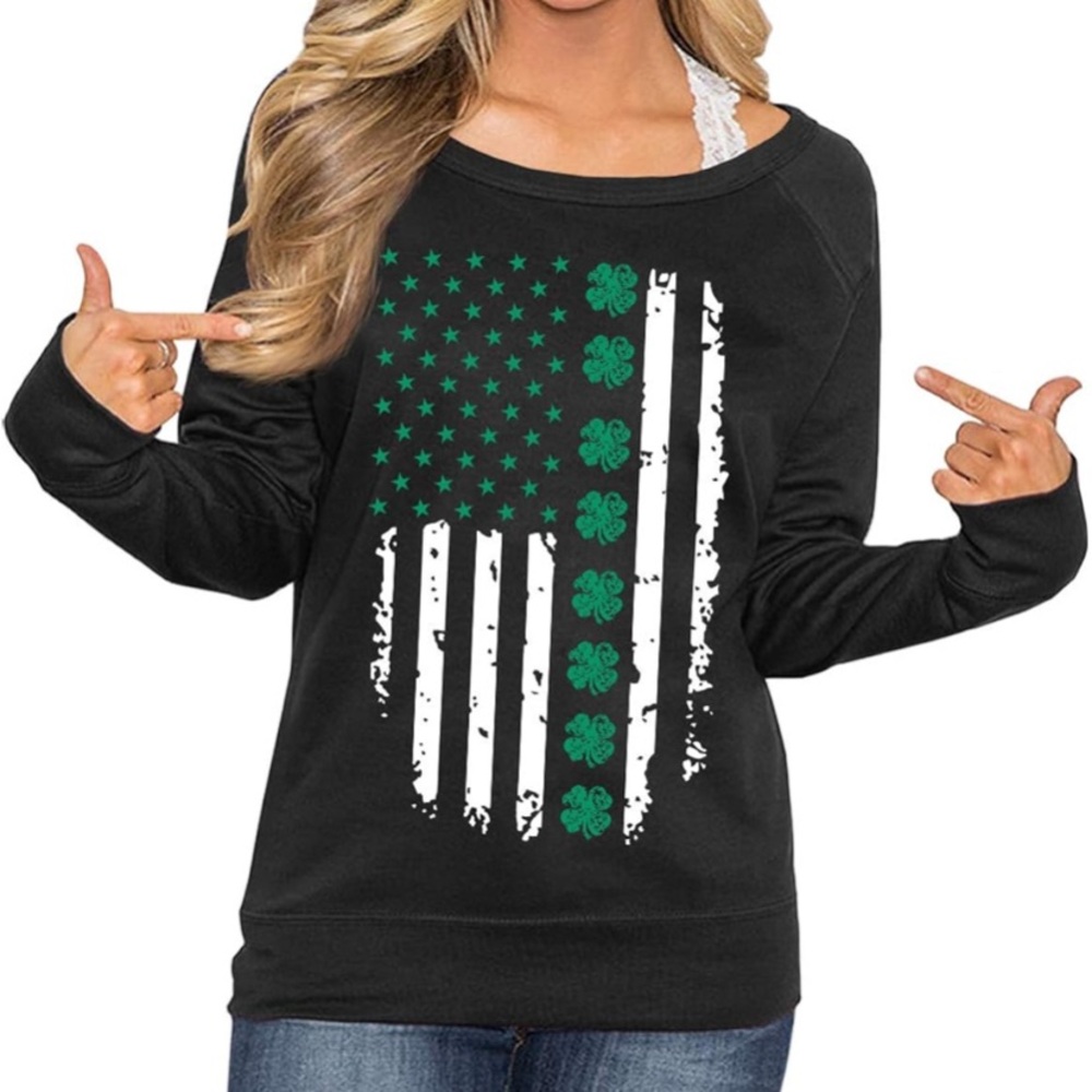 Black Sweatshirt with Green Clover and Flag Design